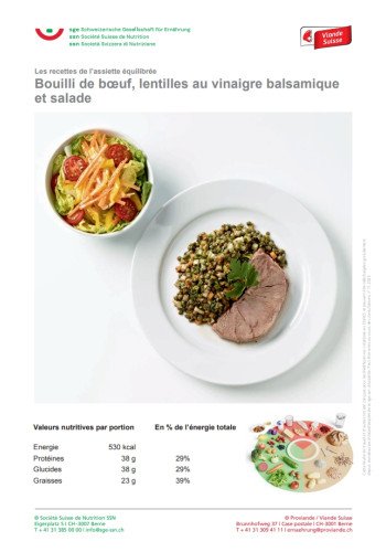 Bouilli de boeuf, lentilles au vinaigre balsamique et salade