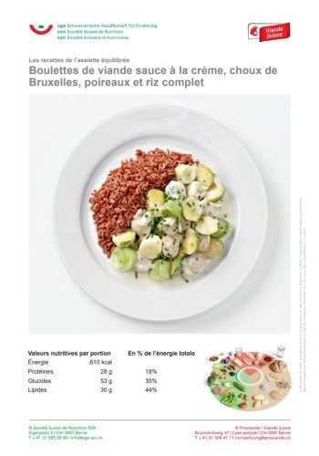 Boulettes de viande sauce à la crème, choux de Bruxelles, poireaux et riz complet