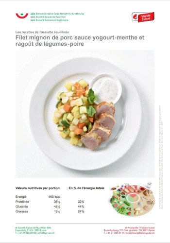 Filet mignon de porc sauce yogourt-menthe et ragoût de légumes-poire