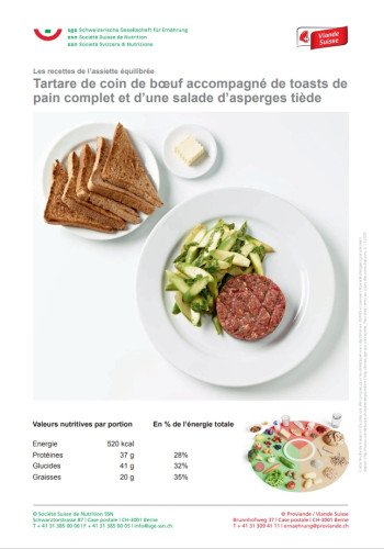 Tartare de coin de boeuf accompagné de toasts de pain complet et d’une salade d’asperges tiède