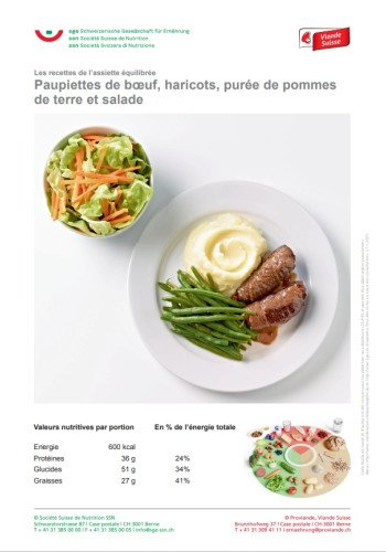 Paupiettes de boeuf, haricots, purée de pommes de terre et salade