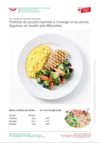 Poitrine de poulet marinée à l’orange et au persil, légumes et risotto alla Milanaise