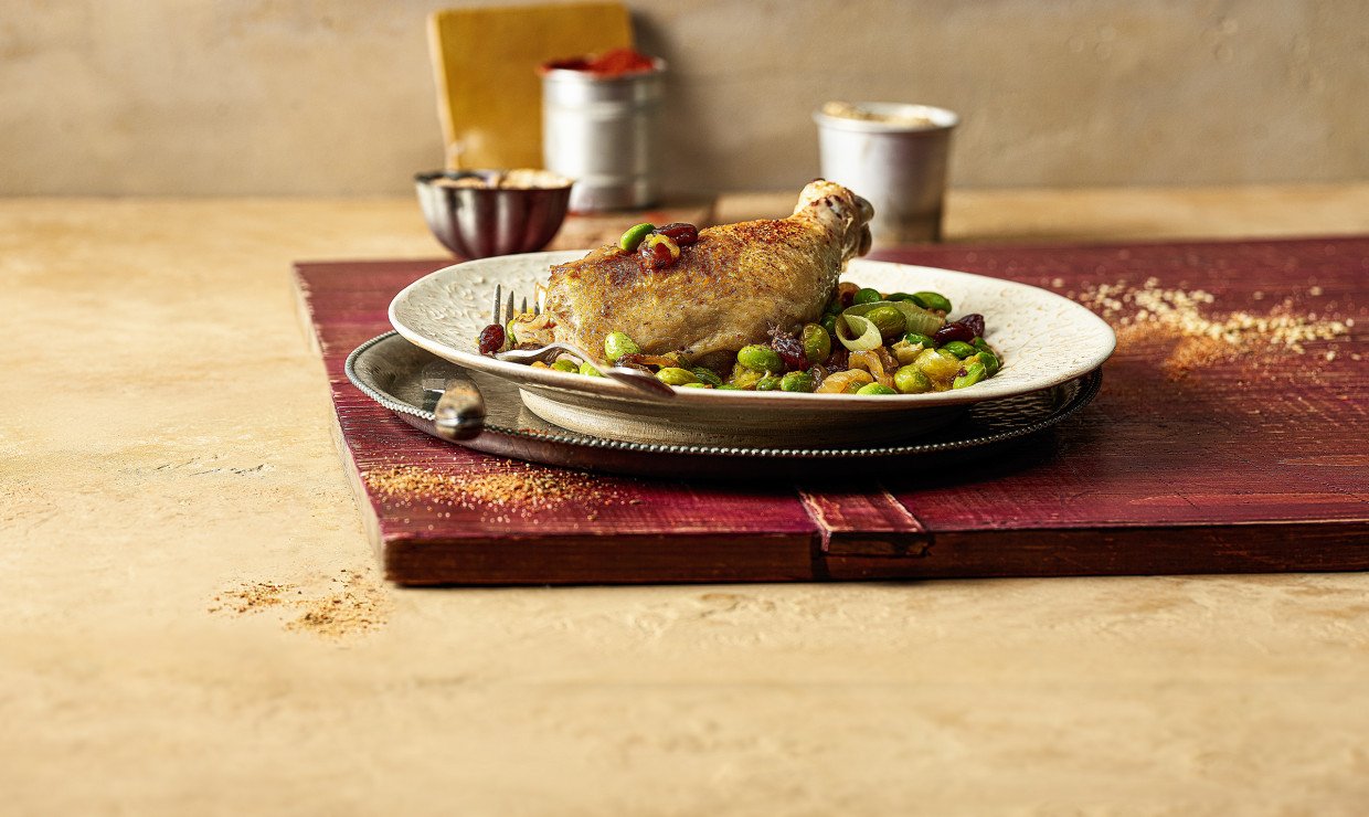 Rezept Pouletschenkel an Baharat mit Orangen Bohnen