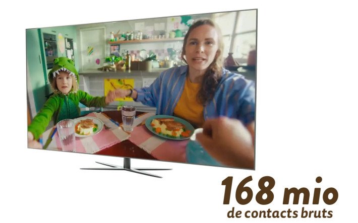Une femme et un enfant (déguisé en dinosaure) sont assis à table avec un plat de viande et des légumes ; ils se tiennent la main, tandis qu’une personne au premier plan verse une boisson. L’image est affichée sur un téléviseur, avec la mention « 168 mio de contacts bruts ».
