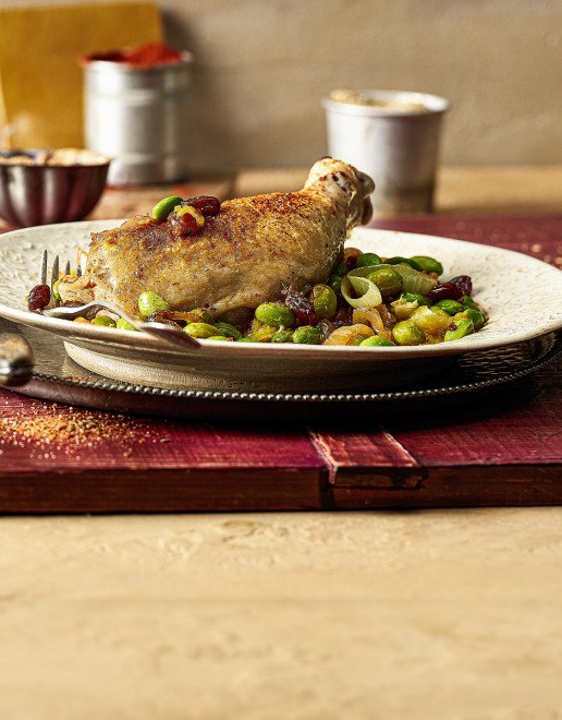 Rezept Pouletschenkel an Baharat mit Orangen Bohnen