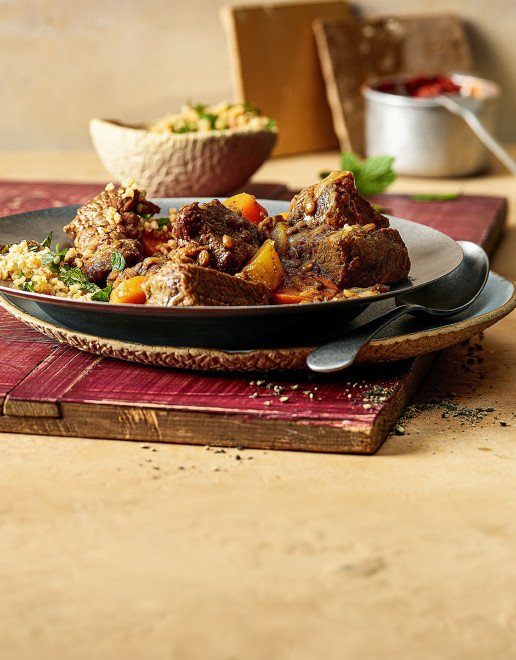 Rezept Rinds Tajine mit Aprikosen Linsen und Safran