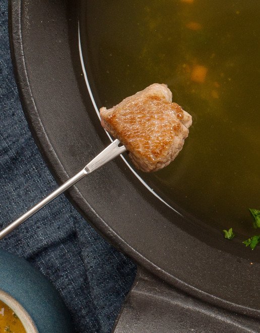 Kalsbsfondue im Gänsefett mit Süsskartoffelpüree