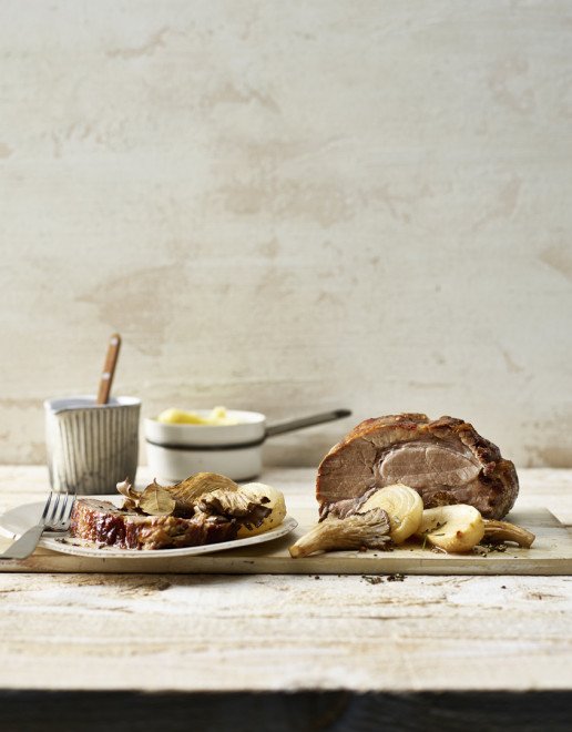 austernpilze mit schweinshalsbraten