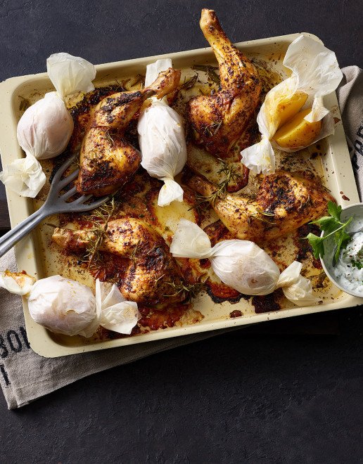 Pouletschenkel auf Blech mit Kartoffeln