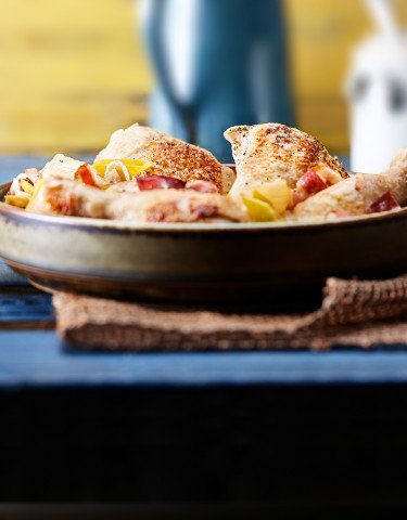 Rezept Geschmortes Poulet mit Speck und Honigsenf