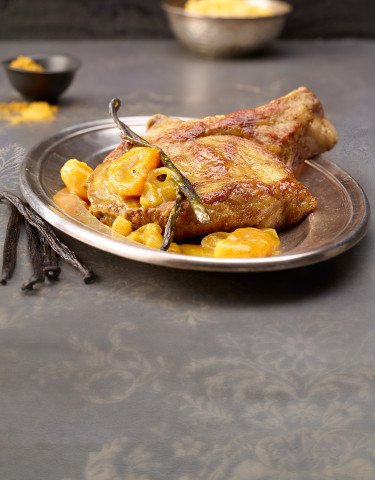 Rezept Kalbskoteletts mit Curry Vanilleschoten und Aprikosen