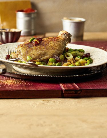 Rezept Pouletschenkel an Baharat mit Orangen Bohnen