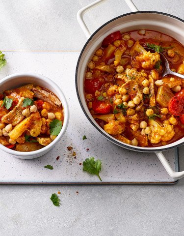 Blumenkohl Curry mit Erbsen und Kalbsfleisch